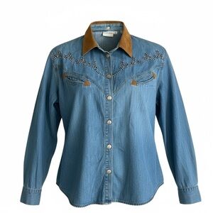 StylestoGo vintage western denim shirt sz L suede collar rancher cowboy blouse